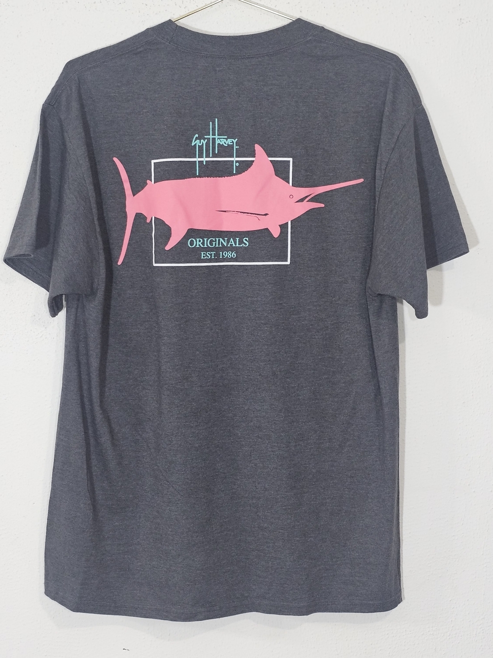 Guy Harvey Mens Charcoal Tee with Pink Swordfish Graphic Sz L